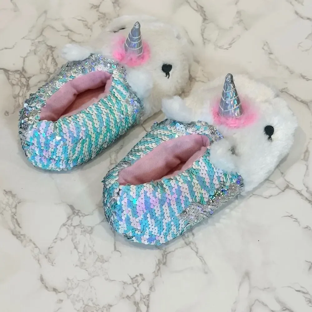 Capelli New York Little Girls Sequin Unicorn Slippers Size 1-2